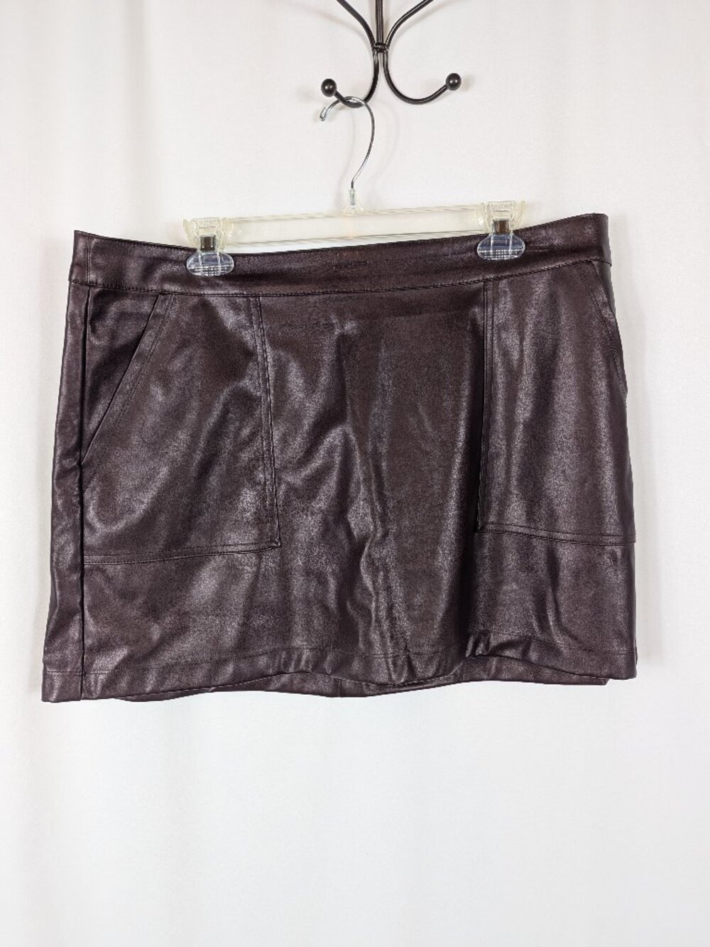 A New Day Dark Brown Faux Leather Mini Skirt Zip Back Short Casual Concert Sz L